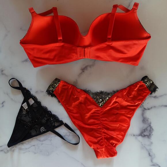 Victorias Secret Bra Panty Set 36D Red Black Lace Balconette Mob Wife Lg 3 PC - Picture 2 of 6